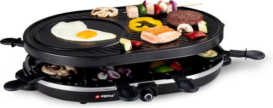 alpina Gourmetstel 8 Personen - Gourmetset - Bakplaat met Pannetjes en Spatels - Raclette Grill voor Gourmetten - 1200W