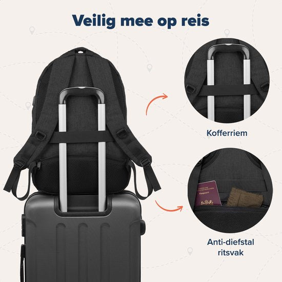 TRVLMORE Rugzak met Levenslange - Rugtas met 15,6 Inch Laptopvak - Schooltas - Spatwaterdicht - Heren en Dames - Jongens en Meisjes - 28L - Zwart