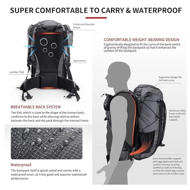 Naturehike Rock 40+5L Wandelrugzak - Binnenframe, Regenhoes, Nylon