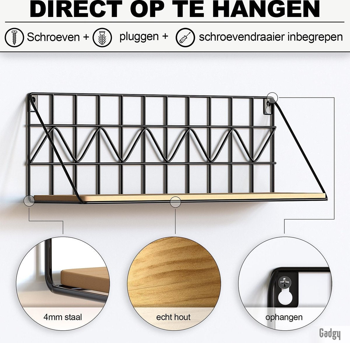 Gadgy Wandrekken Industrieel - Set van 2 - Wandrek Zwart met Hout - Wanddecoratie Woonkamer - Muurdecoratie Metaal - Wandplank zwevend voor Slaapkamer - Boekenrek – 45 cm