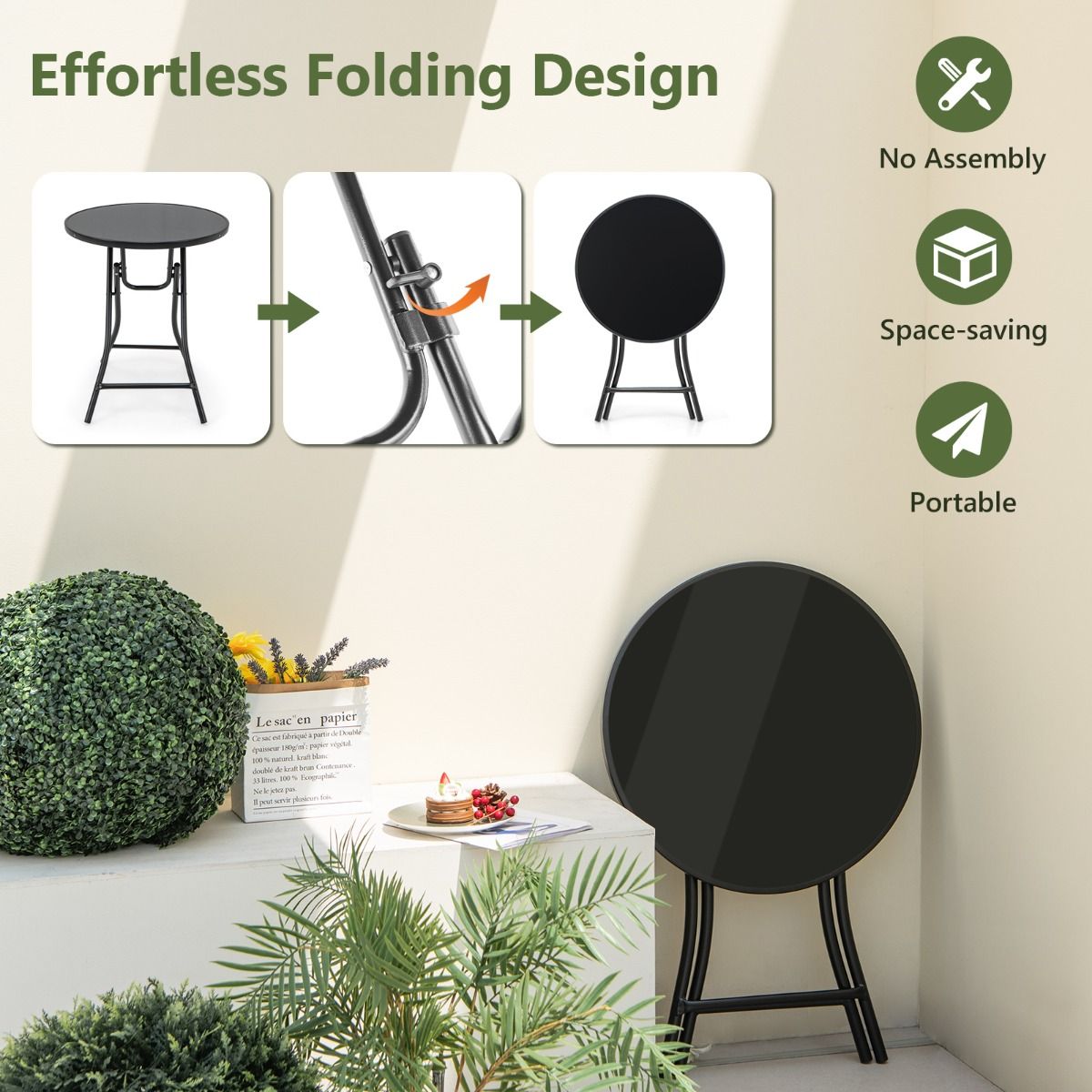 Coast Ronde Opvouwbare Bistrotafel – Ø59 cm Zwart – Gehard Glas – Metaal – Voor Binnen & Buiten
