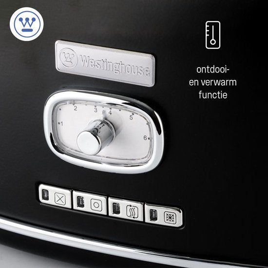 Westinghouse Retro Broodrooster – 2 Sneden – Extra Brede Sleuven – Warmhoudrek – 815W – Zwart