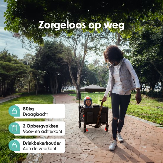 LifeGoods Bolderkar - Opvouwbaar - Kinderenvervoer - Met Dak - 80KG Draagkracht - Strandkar - Draaibare Wielen - Antraciet