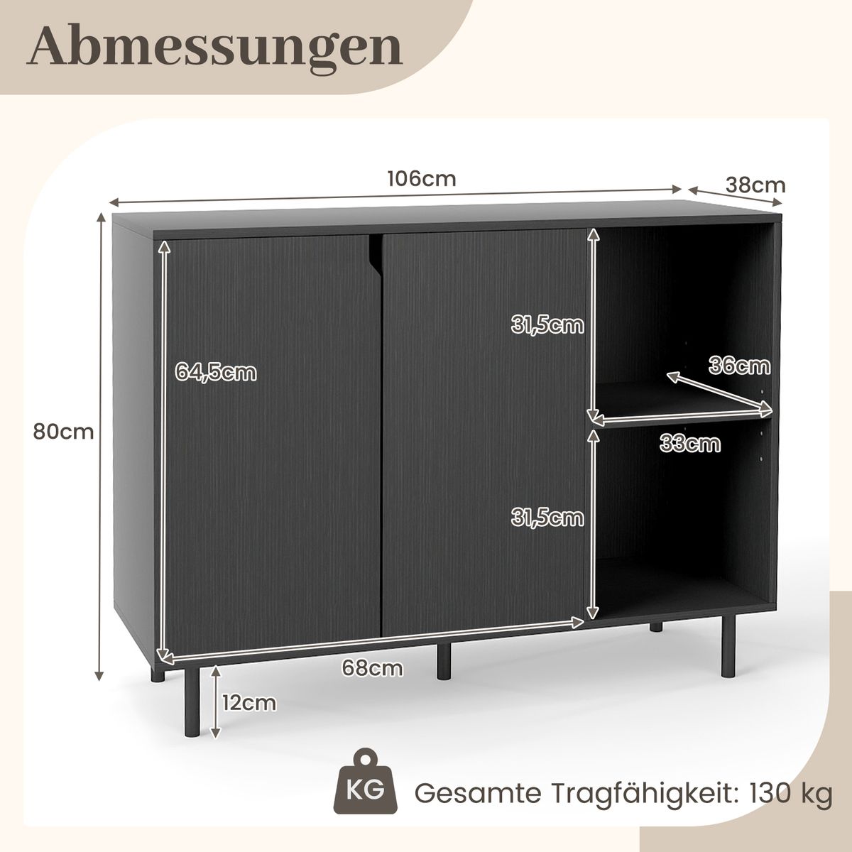 Coast Dressoir met 4 vakken en 2 deuren - verstelbare planken - zwart - 106 x 38 x 80 cm