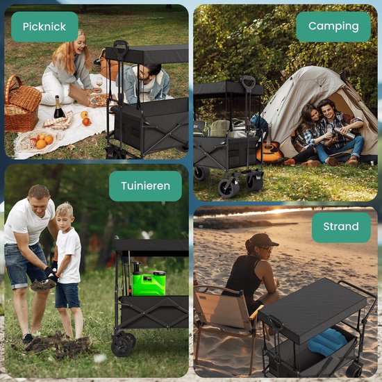 Avalo Bolderkar Met Dak XL - Opvouwbaar - Tot 110KG - 97x60x105 CM - 120L - 360º Wielen - Zwart