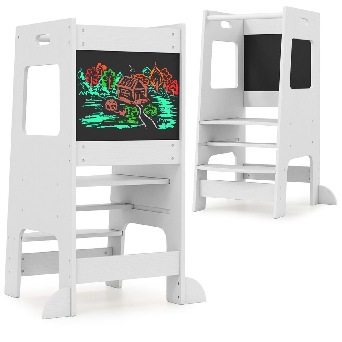 Coast Keukentrapje voor Peuters - Houten Kinderkrukje met Activiteitenbord - Verstelbaar 30/40 cm - Veiligheidsreling - Wit 60 x 49 x 91,5 cm