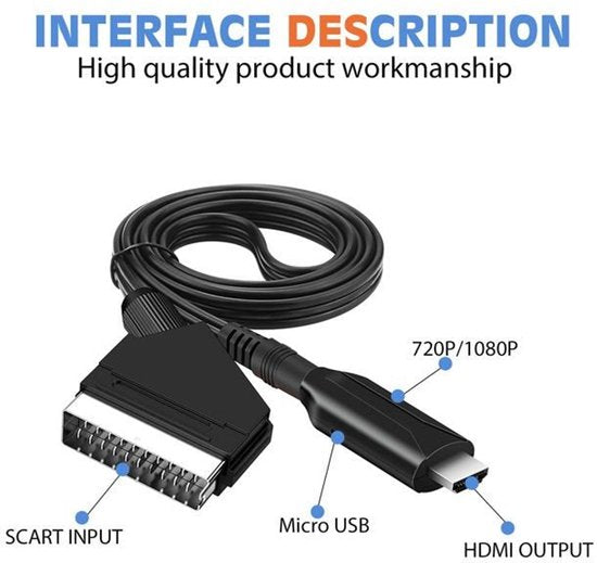 SCART naar HDMI Adapter - 1080p/720p alles-in-één Scart naar HDMI audio-videoadapter - Wordt geleverd met HDMI-kabel, Scart-ingangskabel en HDMI-uitgangspoort - Werkt met HDTV's, settopboxen, VHS-systemen, Xbox, PS3, Sky, DVD en Blu-ray