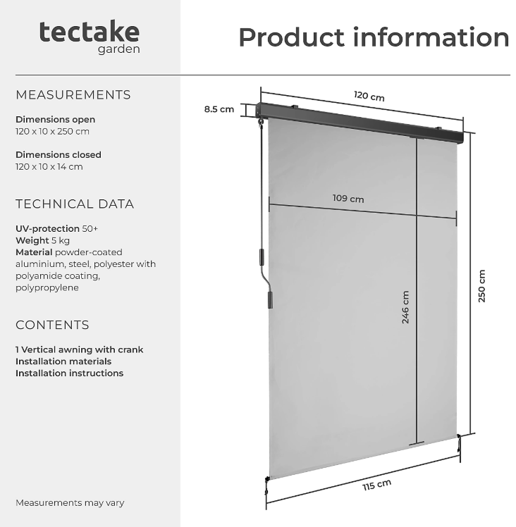 tectake Verticale Luifel Eloise – Uitschuifbaar – 120 x 250 cm – Lichtgrijs