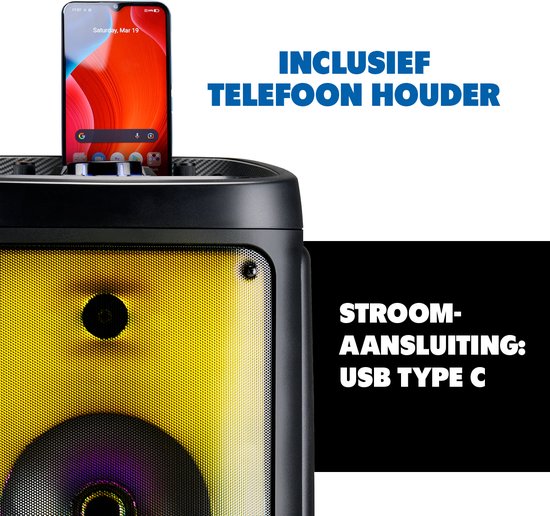 Bluetooth Speaker met Microfoon - Partybox met Sfeerverlichting - Muziek Box en Karaoke Set - Party Speaker met Bluetooth, Aux en USB Ingangen - Makkelijk te Verplaatsen met Handvat - Zwart