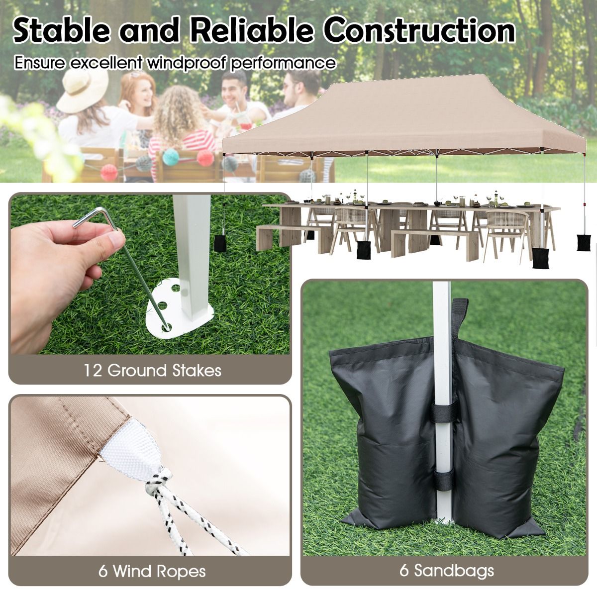 Coast Opvouwbaar Tuinpaviljoen - Waterdichte partytent - Zonwering - 300 x 600 cm - Beige