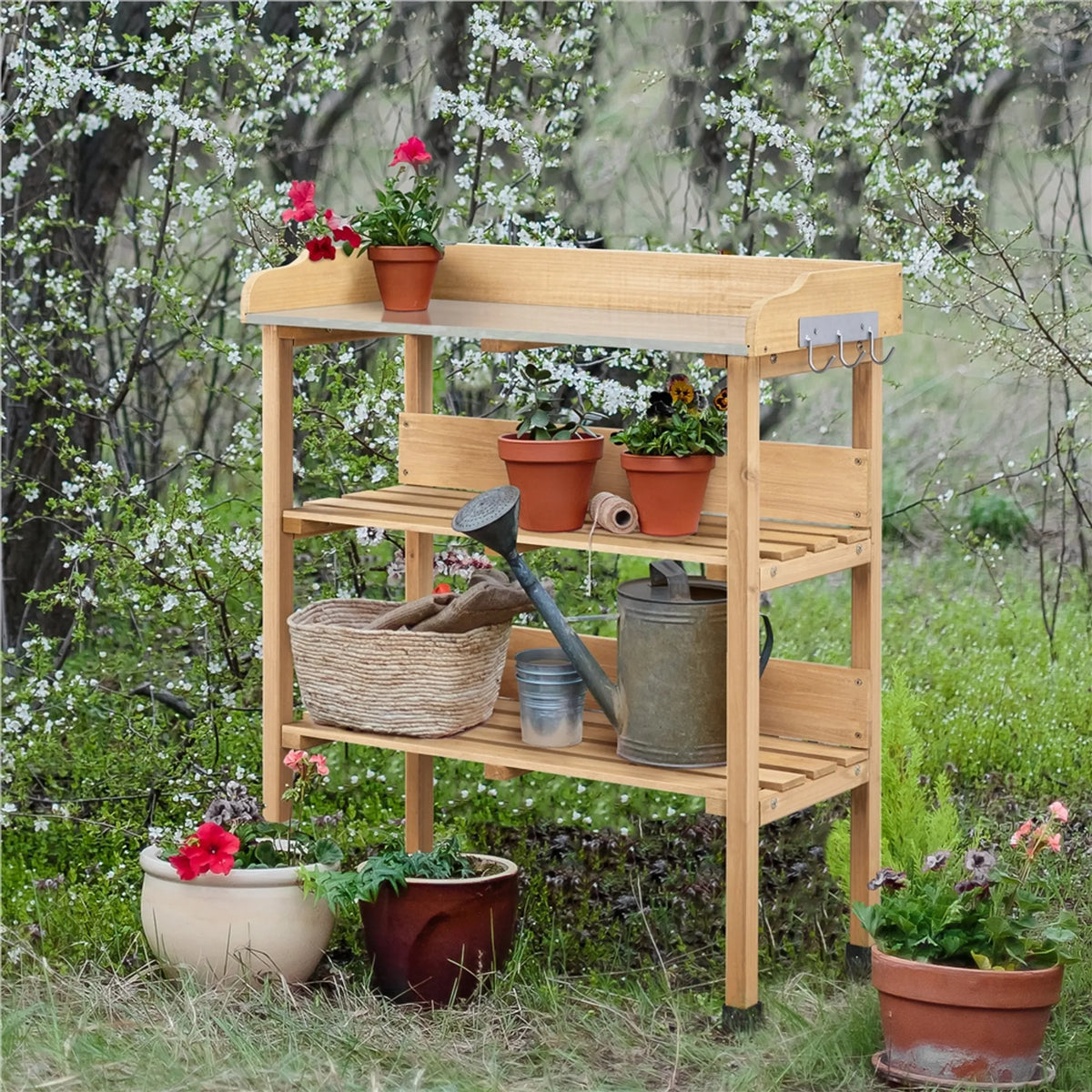Planttafel voor Buiten met Gegalvaniseerd Werkblad 3 Planken en 3 Haken Houtkleur