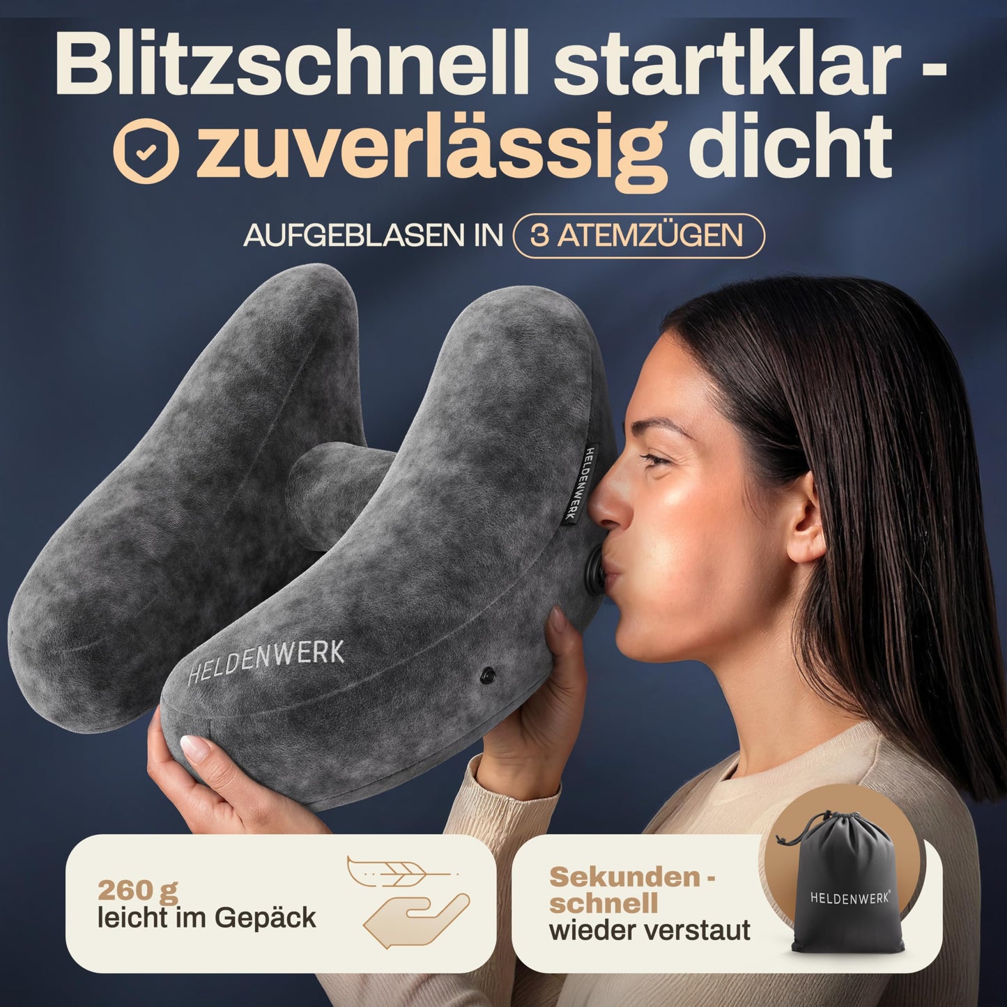 Heldenwerk Nekkussen - Opblaasbaar - Comfortventiel - Capuchon - Large - Donkergrijs