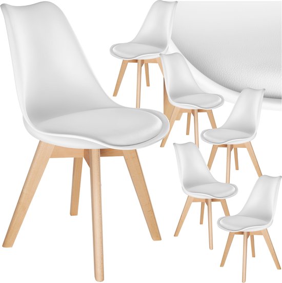 tectake® Eetkamerstoel Frederikke - Set van 6 Eetkamerstoelen met Gevoerde Stoffen Zitting - Massief Houten Poten - Ergonomische Stoelen geschikt voor Woonkamer, Eetkamer, Slaapkamer en Keuken - Draagkracht 120kg - Wit