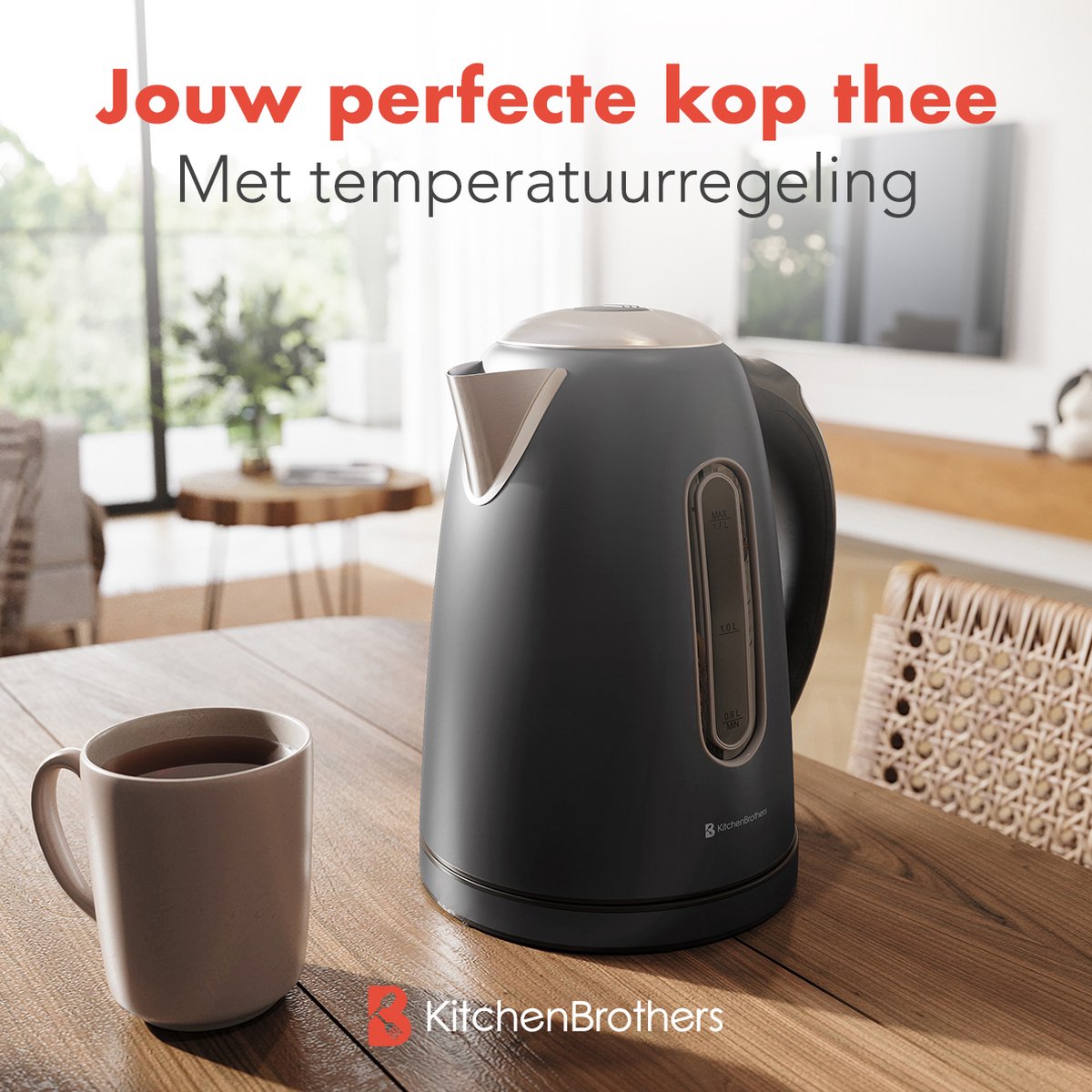 KitchenBrothers Waterkoker - Met Temperatuurregeling - Elektrisch - Met Kalkfilter - 1,7L - Zwart/RVS