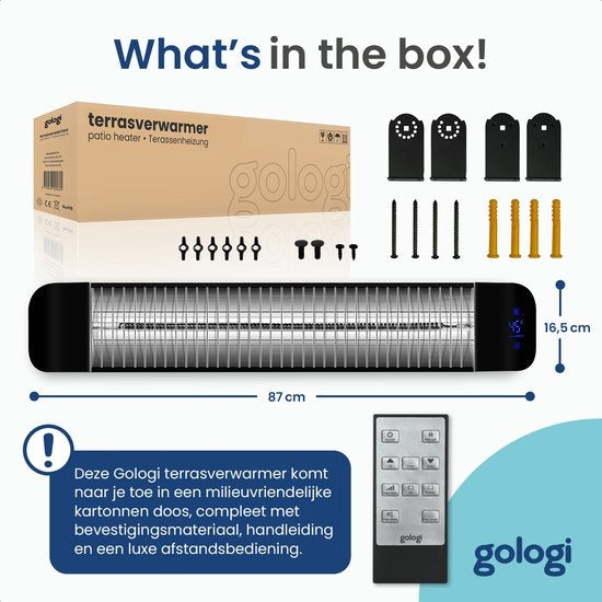 Gologi Slimme Terrasverwarmer - Heater Elektrisch - 2000W - Muur Montage - Zwart