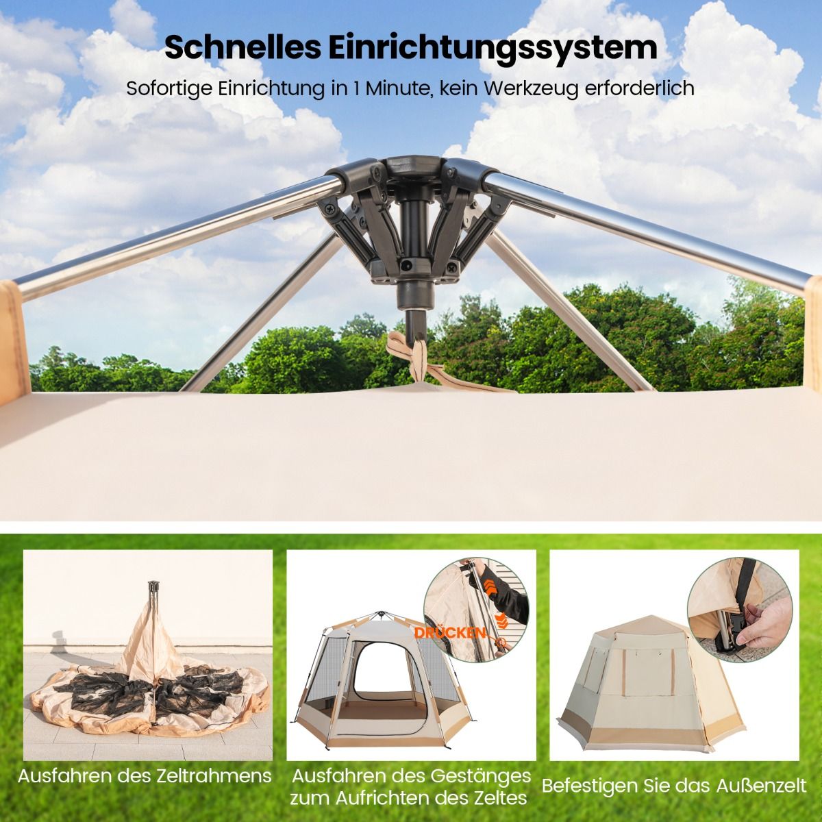 Coast Pop-up Campingtent - Automatisch opzetbaar - Dubbellaags kabinentent - Beige 330 x 270 x 200 cm