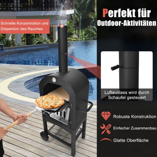 COAST Houtgestookte Outdoor Pizzaoven – Inclusief Pizzasteen en Schuif - Max. 350 ℃ - Zwart - 59 x 46 x 162 cm