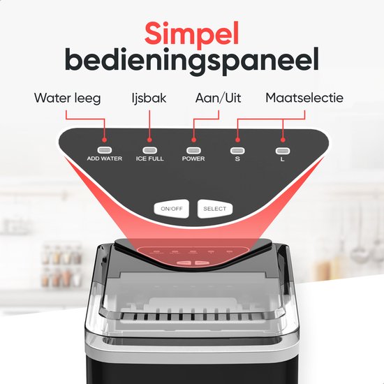 Kitchenwell IJsblokjesmachine – 2L - IJsblokjesmaker met IJsschep – 12kg/24 uur – Zelfreinigingsfunctie - Zwart