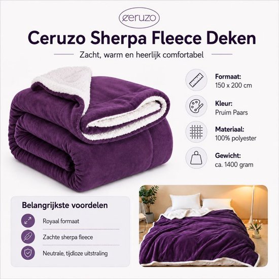 Ceruzo Sherpa Fleece Deken 150x200 cm - Pruim Paars - Zachte Plaid - Wasbaar 30°C