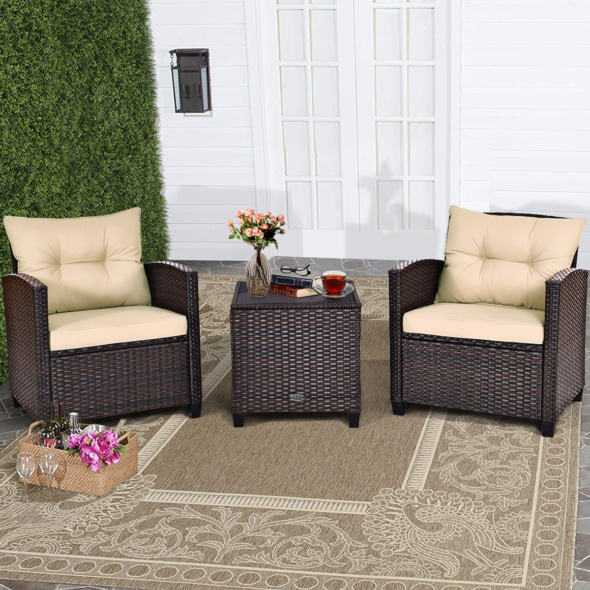 Coast 3-Delige Tuinmeubelset met Zitkussen & Salontafel - Geel + Bruin