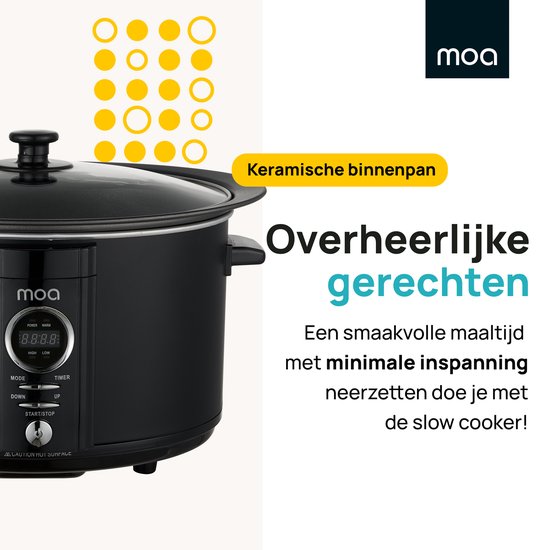 MOA Slowcooker met Timer - 6,5L - Ø 24,5cm - Aluminium Binnenpan - Doorzichtige Deksel - 3 Warmtestanden - Vaatwasserbestendig - BPA-Vrij - Zwart