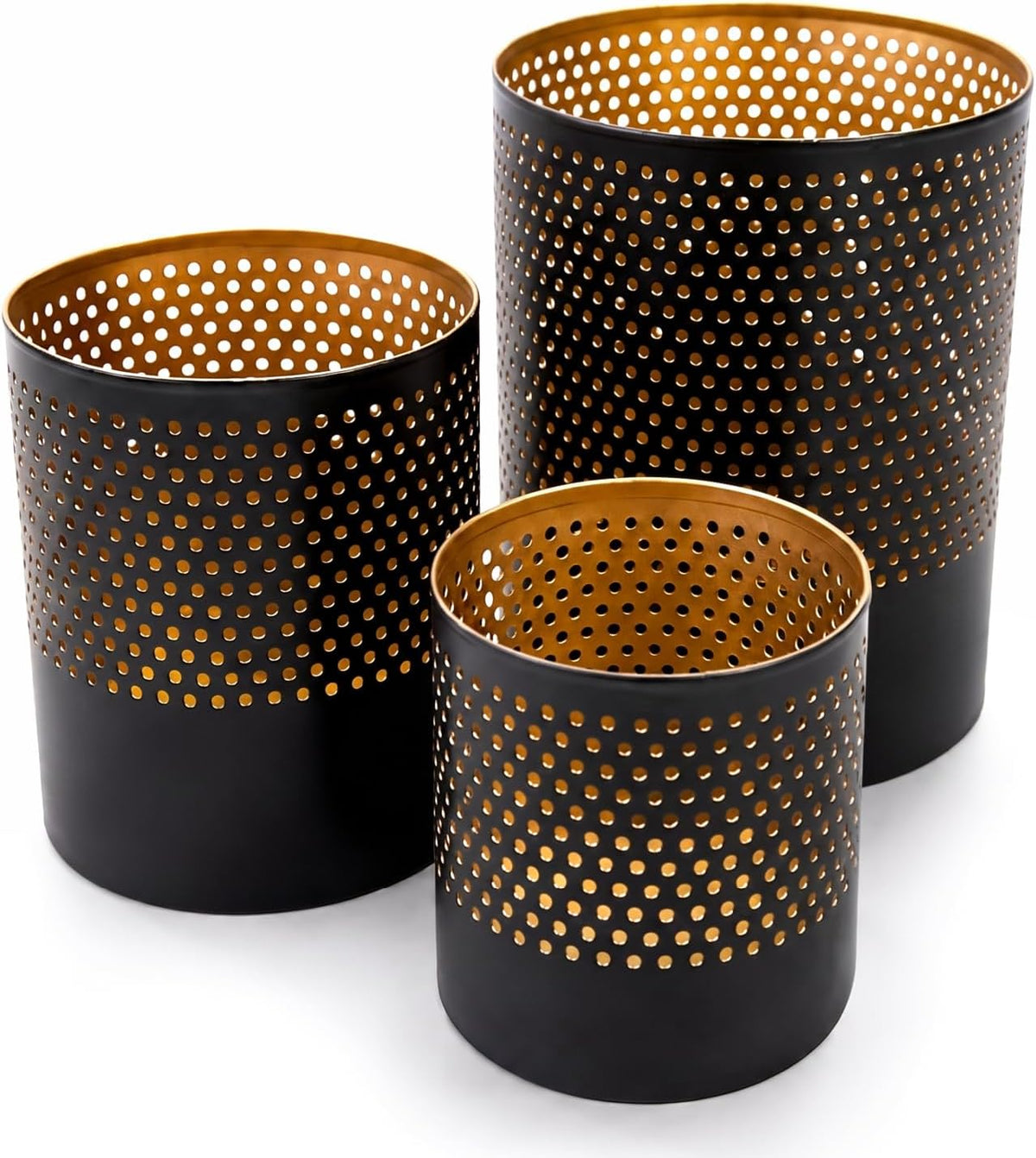 com-four® Set van 3 Metalen Lantaarns – Zwart/Goud – 7,5, 10 en 13 cm