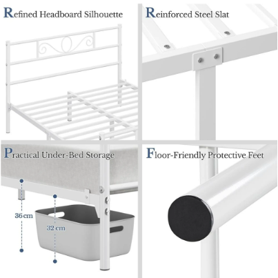 Yaheetech Metalen Bedframe - Wit - 206 x 142,5 x 88,5 cm - Matras 140 x 200 cm - Met Lattenbodem