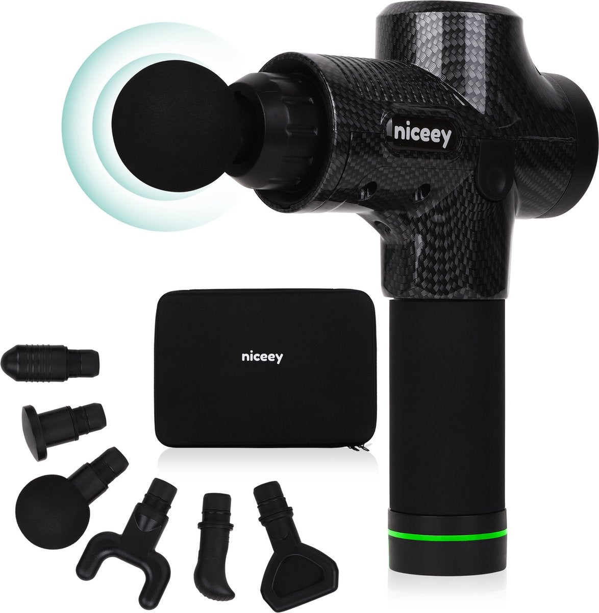 Niceey Massage Gun Pro - 30 Standen Draadloos - 6 Opzetstukken - Massage Apparaat Professioneel - Sport En Relax Massageapparaat - Fitness Spier Massage - Met Koffer - Zwart