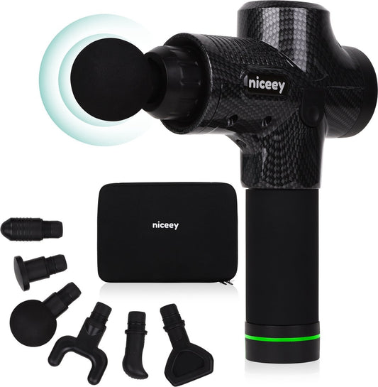 Niceey Massage Gun Pro - 30 Standen Draadloos - 6 Opzetstukken - Massage Apparaat Professioneel - Sport En Relax Massageapparaat - Fitness Spier Massage - Met Koffer - Zwart