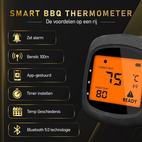 MostEssential PRO-3 Digitale Vleesthermometer - BBQ Thermometer - Draadloos met App - Bluetooth 5.0 - 100M Bereik - Inclusief 3 Meetsondes & Luxe Opberghoes