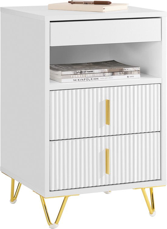 SoBuy Nachtkastje, nachtkastje met 3 laden en plank, moderne bijzettafel voor slaapkamer en woonkamer, wit, 40 x 40 x 63 cm (b x d x h) FBT168-W