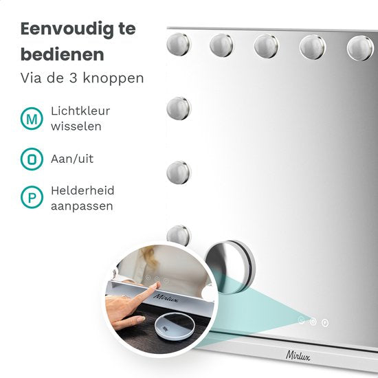 Mirlux Hollywood Spiegel 58x48CM – Bluetooth Spiegel met 2 Luidsprekers – Make Up Spiegel met Verlichting – 15x LED Lampen – 3 Lichtstanden – 10x Vergroting – Hollywood Spiegel met USB & USB-C – Luxe Witte Make-Up Spiegel voor Kaptafel of Badkamer