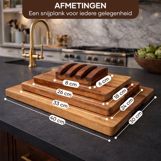 Villux Snijplank - Snijplankenset Met Houder - Snijplank Hout - Snijplanken - Snijplank Acacia- Houten Snijplank - Snijplankenset - Tapasplank - Borrelplank - Serveerplank - Hapjesplank - Inclusief eBook - 3 Stuks - Acacia