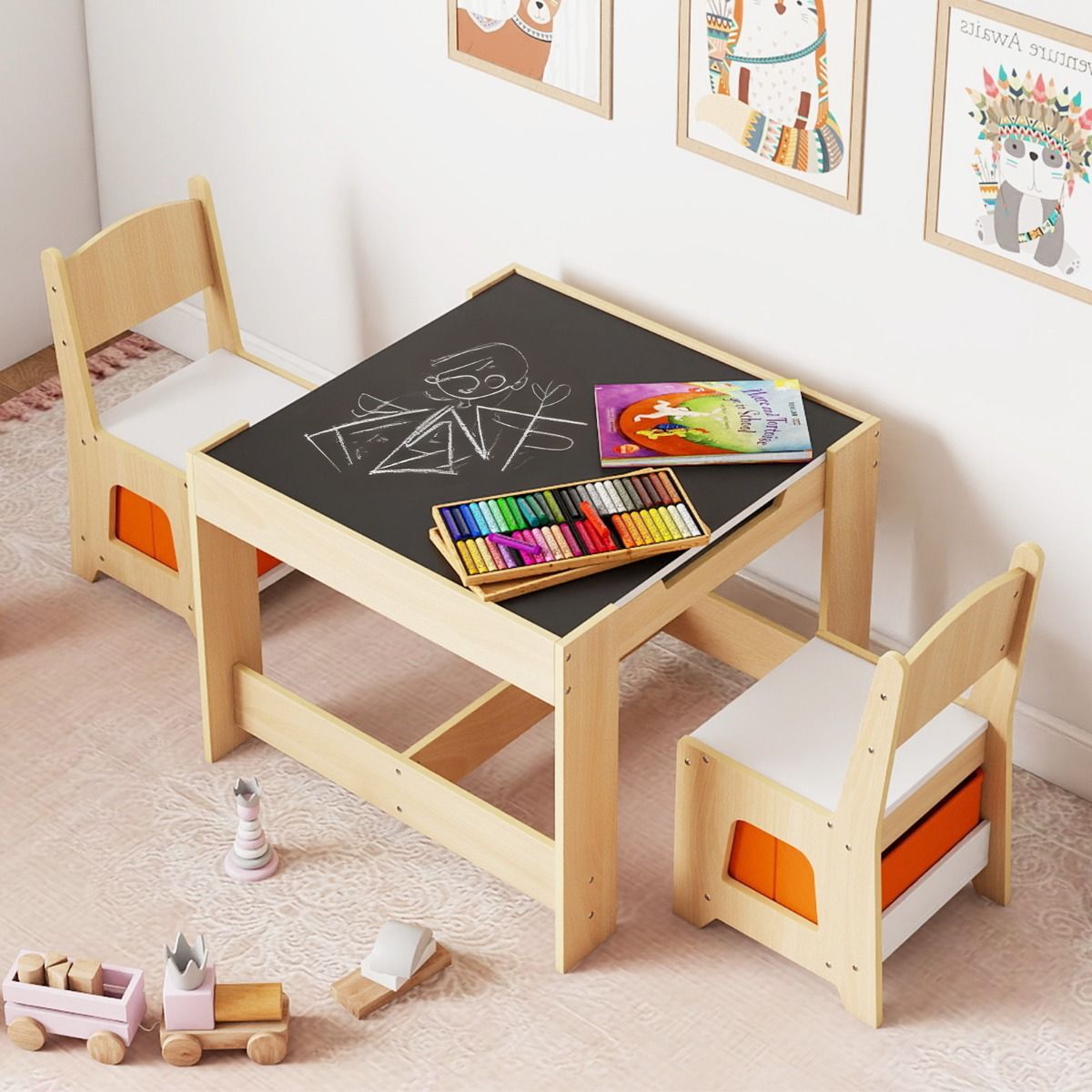 Coast Kindertafel en Stoelset - Houten activiteiten tafel - Dubbelzijdig blad - Naturel