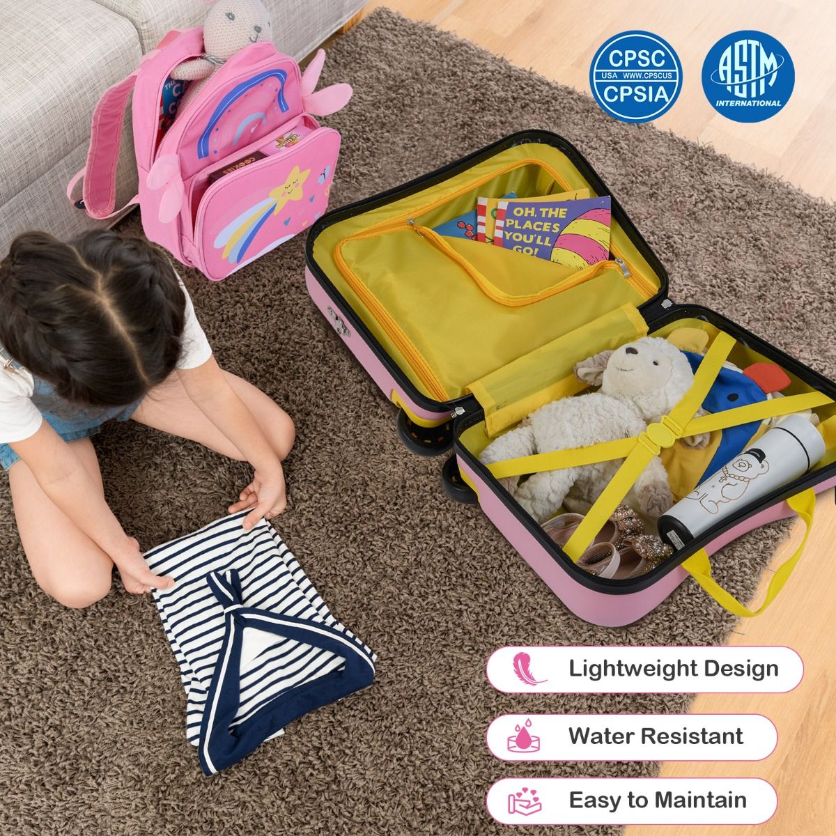 Coast Kinderkoffer en Rugzak Set - zitkoffer met bijenmotief - verstelbare handgreep - roze