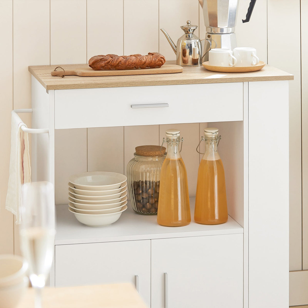SoBuy Keukenwagen met 1 lade, 2 deuren & 3 opbergplanken - Max. 75KG - 75 x 46 x 83 cm - Wit