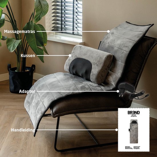 BREND BR-2230 Elektrische Massagemat en Kussen – Massagematras met Warmte, 5 Vibratiemodi en 3 Intensiteiten - Massagekussen – 170X55 CM – Grijs