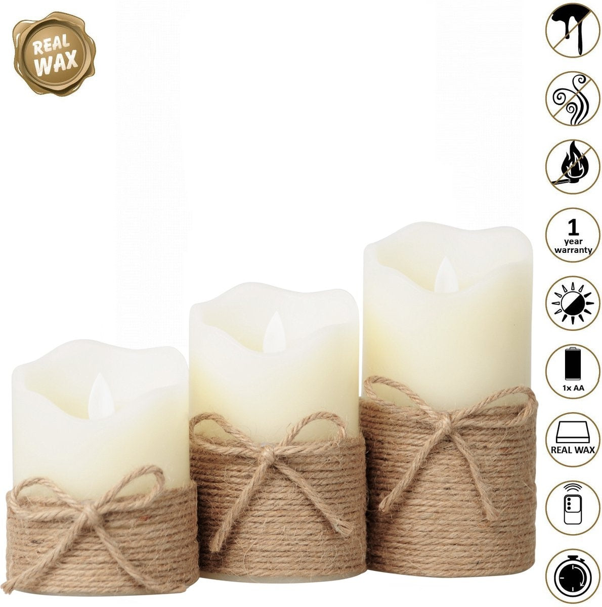 O'DADDY® LED Kaarsen Met Bewegende Vlam – Set 3 maten 10+12.5+15cm 8d - Met Timer en Dimfunctie - LED Kaarsen Met Afstandsbediening - Rope