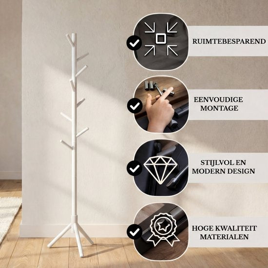 Bayt Kapstok - Staande kapstok - Kapstok Hout - Kapstok Staand - Garderoberek - 8 Haken - 175 cm - Wit
