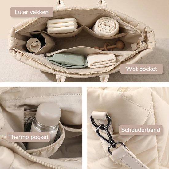 Mommsy Luiertas – Verzorgingstas – Mom Bag – Thermo Vak – Gewatteerde Puffer Stof – Mommy Bag – Extra Ruim – Waterafstotend – Organizer – Lichtgewicht– Beige