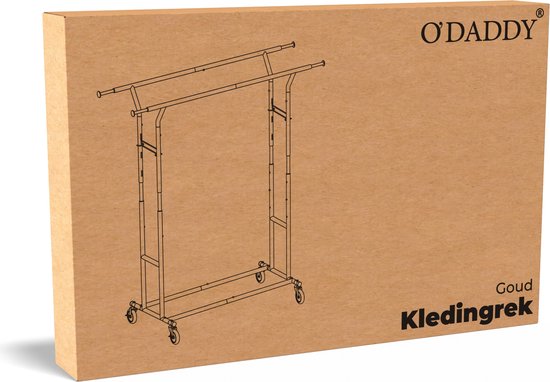 O'DADDY® Kledingrek op wieltjes - Garderoberek - Kledingstang - Verstelbaar en Uitschuifbaar - Industriële Wielen - Metaal - Stabiel tot 110 kg - Goud
