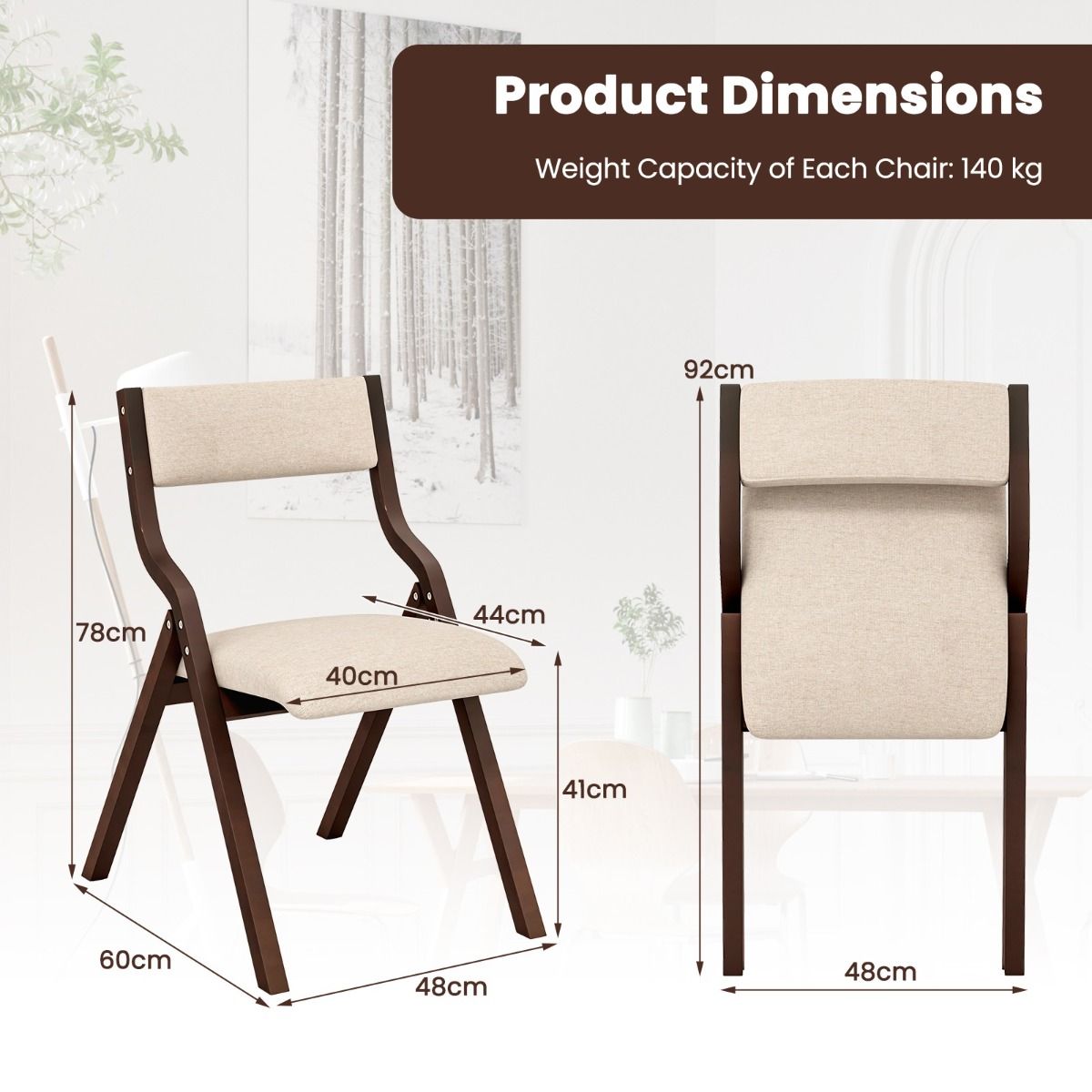 Coast Eetkamerstoelen Set van 2 - Opvouwbaar - Massief Houten Frame - Koffie en Beige