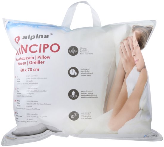 alpina Hoofdkussen 60 x 70 cm - Kussen voor Bed en Slaapkamer - Ademend, Vocht Afvoerend en Wasmachine Bestendig - voor Buik-, Rug- en Zijslaper - Microvezel/ Katoen - Wit