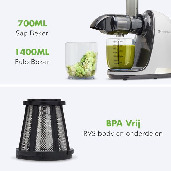 KitchenBrothers Slowjuicer - Juicer - Groenten en Fruitpers - 700ml - Met Pulpreservoir - Juice Maker - Parelwit