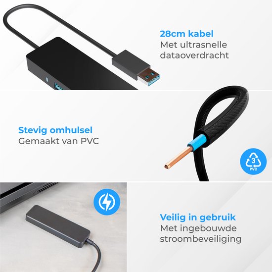 Nuvance - USB 3.0 Hub - 4 Poorten - Inclusief USB C Converter - USB Splitter - Zwart