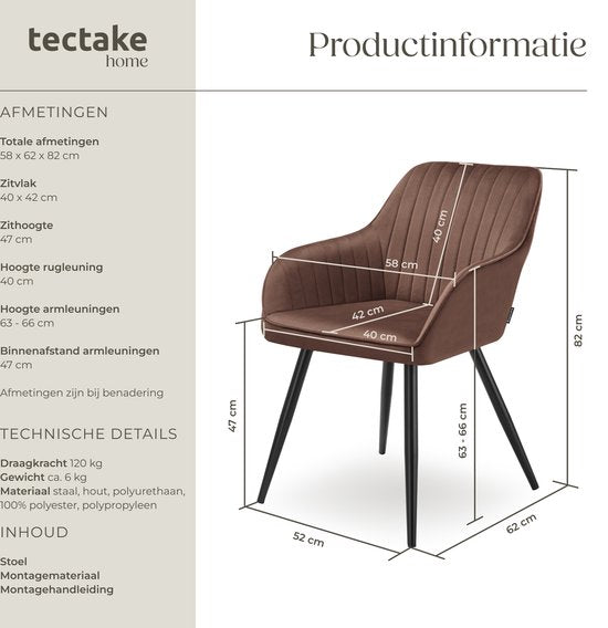 tectake® Eetkamerstoel Marilyn - Gestoffeerde Stoel in Fluweellook - Stikpatroon - Zwarte Stoelpoten - Ergonomische Keukenstoel - Met Doorlopende Rugleuning en Armleuningen - Stoel voor Woonkamer, Eetkamer, Slaapkamer - Bruin
