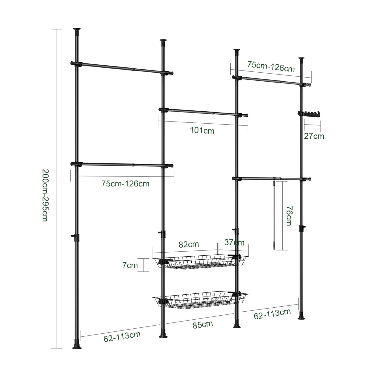 SoBuy KLS04-II-SCH Telescopisch Kledingrek - Zwart - 209–311 x 200–295 cm - Stevig Metalen Kledinghangerrek met Kledingstangen en Planken