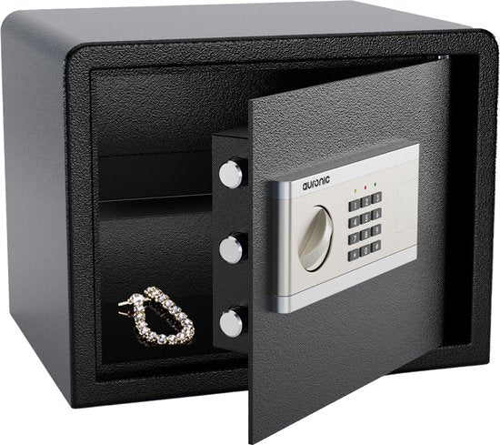 Auronic Elektronische Kluis - Cijferslot - Muurbevestiging - 4,3cm Deur - 130dB Alarm - 28L - 30x38x30cm - 10KG - Staal - Zwart
