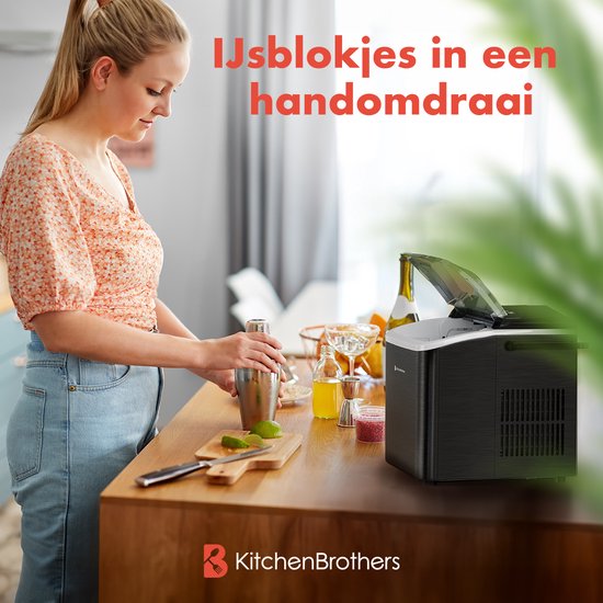 KitchenBrothers IJsblokjesmachine - 1.5L - IJsblokjesmaker - IJsschep – 12kg/24 uur - Draagbaar - Zelfreinigingsfunctie - Gunmetal RVS