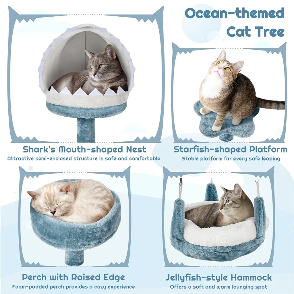Yaheetech Kattenboom Ocean Style 115 cm – Blauw/Wit – Krabpaal met Kattenhuis, Ligmand, Plateau en Sisalpalen